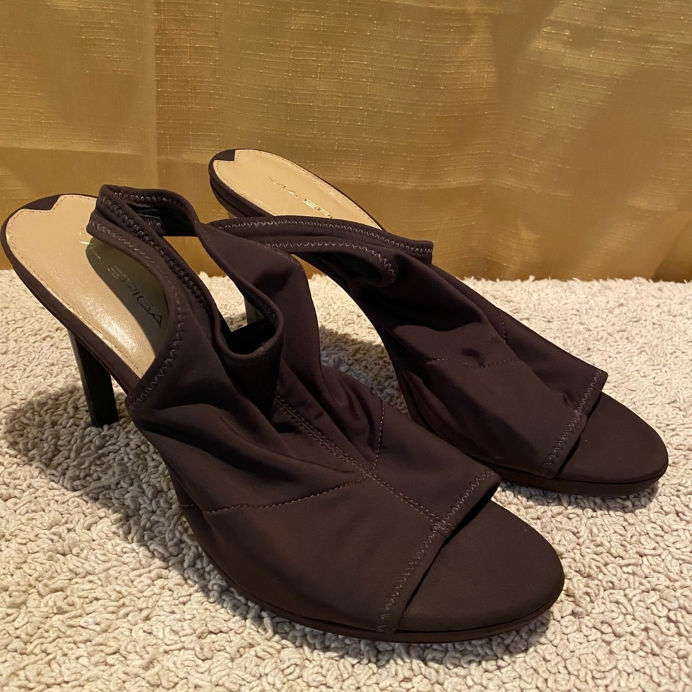 Via Spiga Dark Brown Ruched Open-Toe Slingback Heels